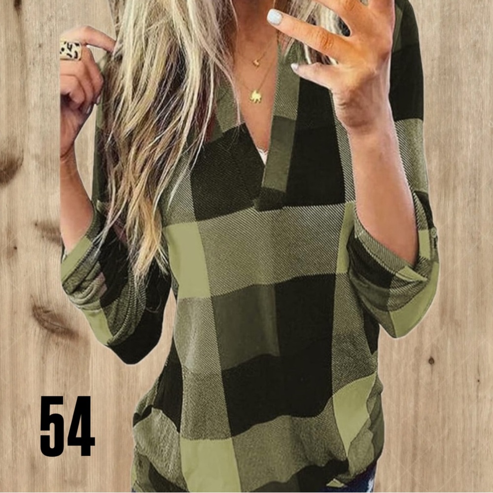 Green Plaid V-Neck Pullover Blouse 2X NWT #54